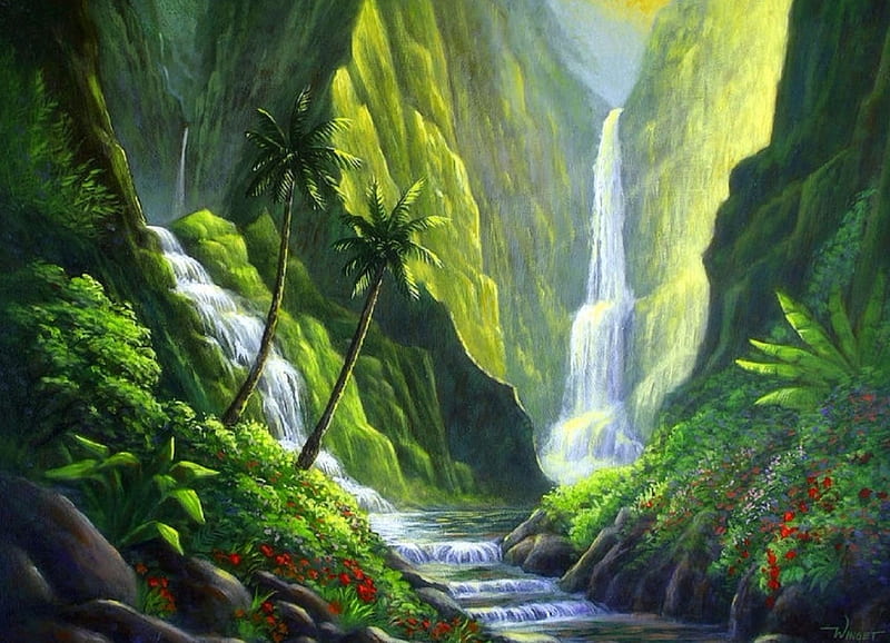 Waterfall of Solitude, draw and paint, love four seasons, spring, attractions in dreams, trees, waterfalls, paintings, summer, nature, forests, HD wallpaper