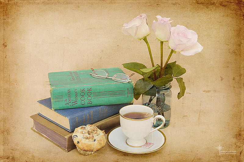 roses and books for tea time, still life, books, tea time, roses, pink, HD wallpaper