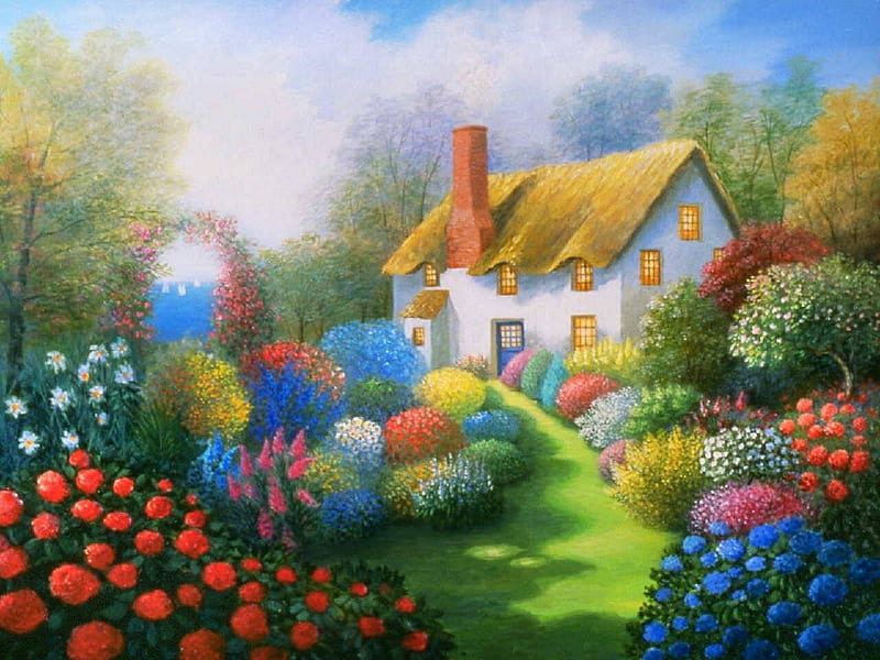 cottage path, grass, cottage, blossoms, arbor, bushes, HD wallpaper