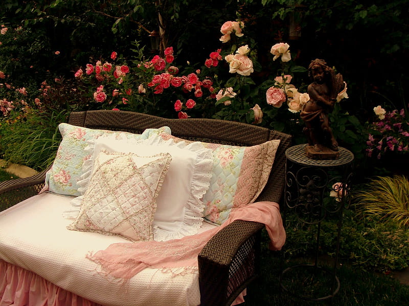 Garden Respite, table, grass, bench, roses, trees, furniture, statue, garden, pillows, HD wallpaper