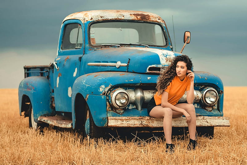 Cowgirl and her Vintage Ford Pickup, truck, cowgirl, field, ford, HD wallpaper
