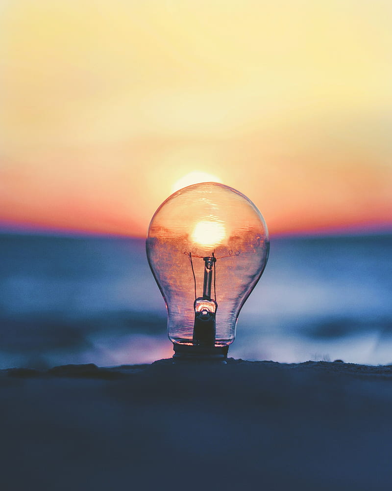 light bulb, sunset, sun, focus, HD phone wallpaper