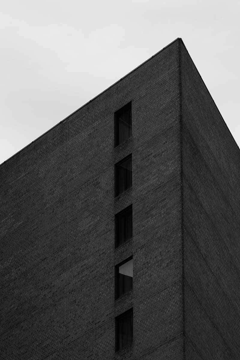 buildings, edges, bricks, bottom view, black and white, HD phone wallpaper