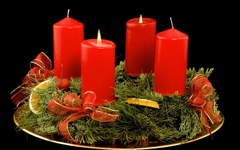 Christmas candles, plate, Christmas, candle, ribbon, HD wallpaper