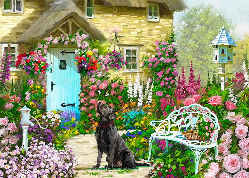 Cottage garden, art, house, cottage, flowers, garden, spring, puppy, dog, HD wallpaper