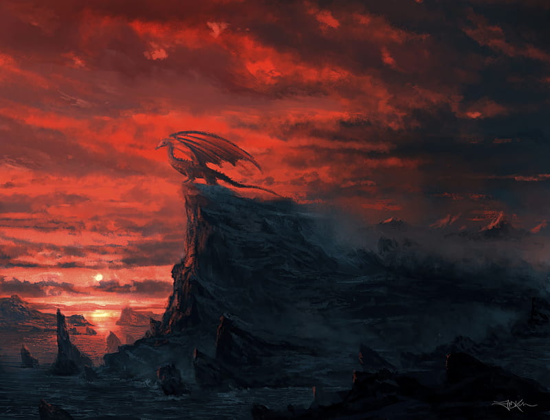 dragon, rock, cliff, sunset, art, HD wallpaper