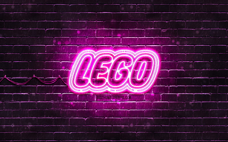 LEGO purple logo, , purple brickwall, LEGO logo, brands, LEGO neon logo, LEGO, HD wallpaper