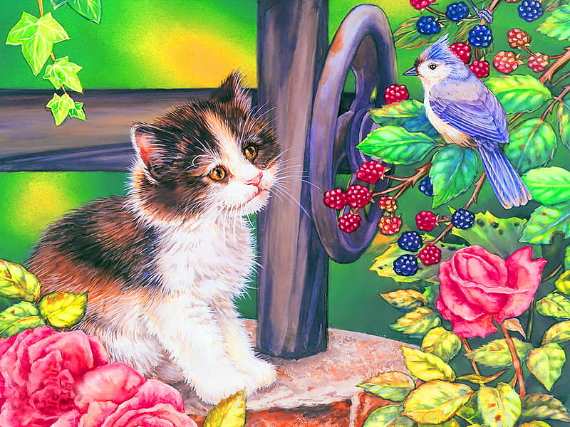 Friendship, colorful, kitty, colors, roses, cat, bird, berries, painting, flowers, kitten, HD wallpaper