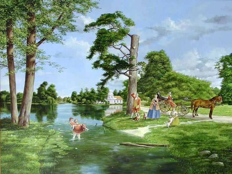 aristocratic date, water, trees, horse, people, HD wallpaper