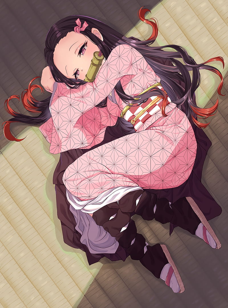 kimetsu no yaiba, kamado nezuko, lying down, kimono, long hair, demon slayer, Anime, HD phone wallpaper