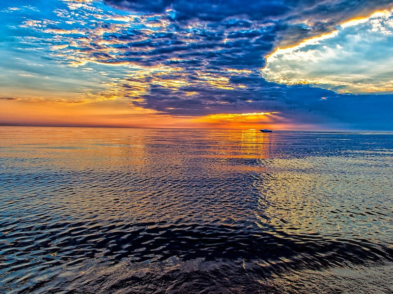 Lake Michigan, sunset, reflection, clouds, sky, lake, Nature, HD wallpaper