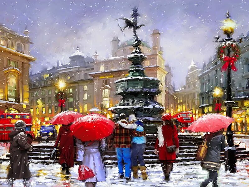 Winter in Britain, art, christmas, centre, munument, memorial, bonito, winter, bus, city, snow, people, painting, Britain, HD wallpaper