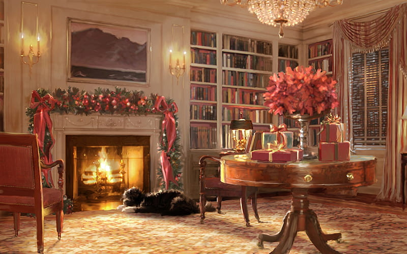 Christmas evening, art, fireplace, library, dog, Christmas, HD wallpaper