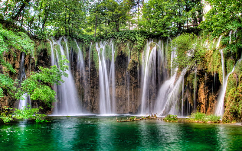 Croatia waterfalls, Plitvice Lakes National Park, forest, lake, summer, mountains, HD wallpaper