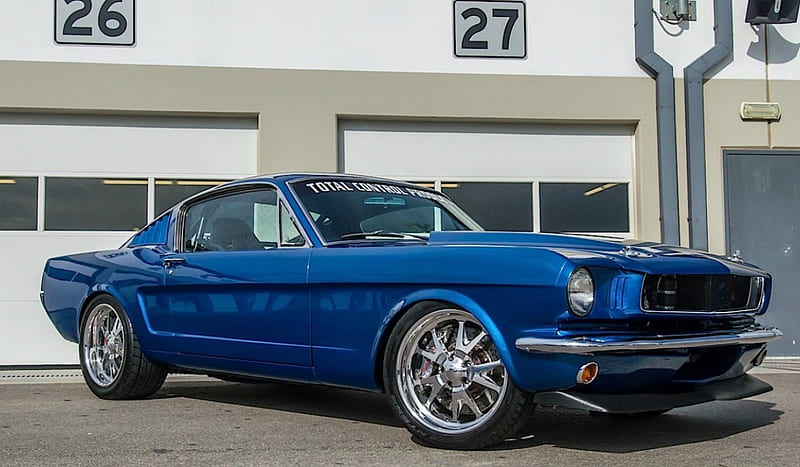 66-Mustang-Fastback, Classic, Chrome Wheels, Ford, Blue, HD wallpaper