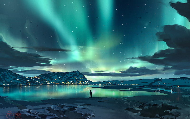 Aurora Borealis, art, stars, night, landscape, HD wallpaper