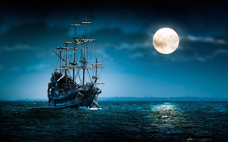 Sailing, oceans, high definition, clouds, boat, boats, splendor, beauty, waterscape, moonlit, art, , lovely, ocean, black, oceanscape, waves, sky, ocean waves, water, ghost, moonlight, seascape, white, ships, artistic, colorful beautiful, artwork, sea, sail, moon, full moon, blue, night, view, colors, caravela, 3d, ghost ship, peaceful, nature, sailboat, sailboats, HD wallpaper