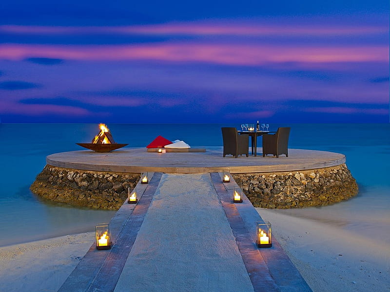 Beautiful Evening, dinner, sunset, clouds, lights, beach, tropical beach, splendor, path, beauty, chair, evening, table, candle, lovely, romance, ocean, sky, fire, purple, colorful, summer time, glasses, bonito, sea, private, sand, chairs, light, blue, amazing, exotic, romantic, view, wine, colors, private dinner, candles, peaceful, summer, nature, tropical, HD wallpaper