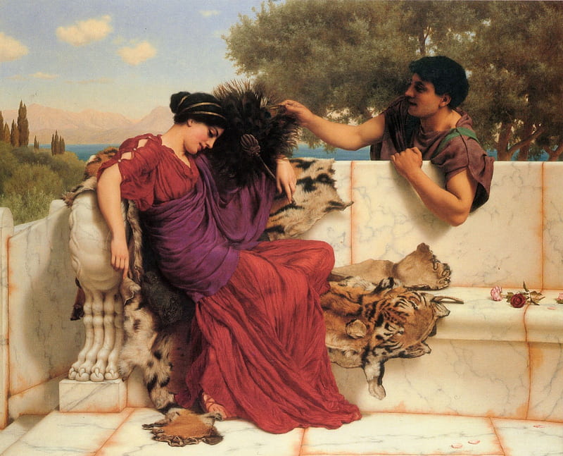 The Old Old Story, red, dress, rose, tiger, marble, woman, animal, love, painting, pink, couple, fur, english painter, art, romantic, man, terrace, girl, purple, John William Godward, flower, HD wallpaper