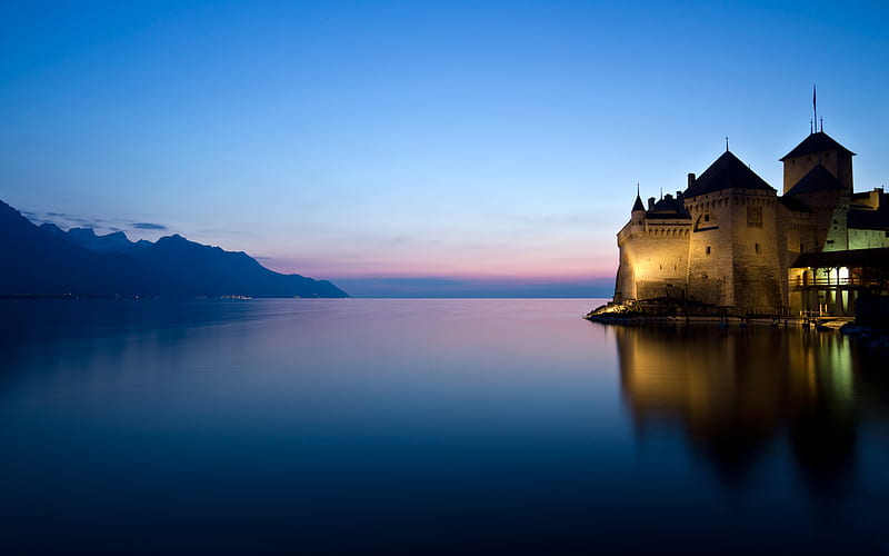 Montreaux, lakes, scenic, clear, bonito, sunset, que, waters, skies, calm, nature, reflections, castle, blue, HD wallpaper