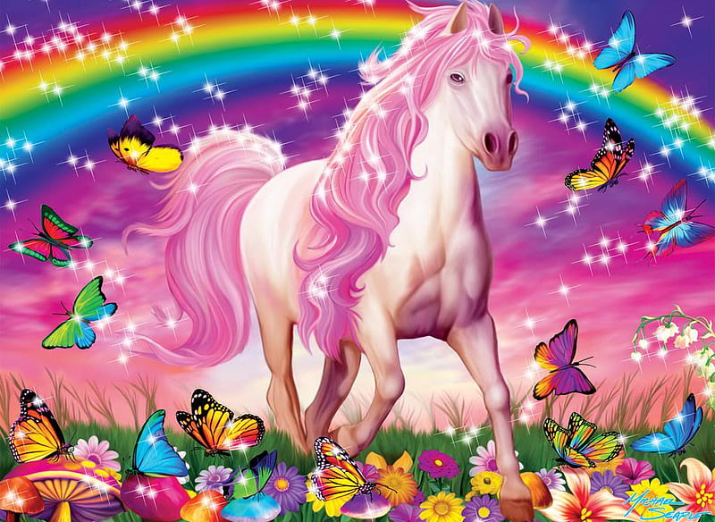 bonito, flowers, rainbow, butterfly, horse, HD wallpaper