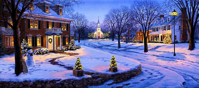 Village Winter, snow, decoration, houses, painting, trees, street, artwork, lights, HD wallpaper