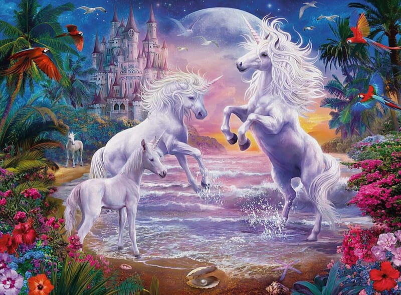 Unicorn Paradise, arts, fantasy, paradise, two, unicorn, creatures, jigsaw, puzzle, HD wallpaper