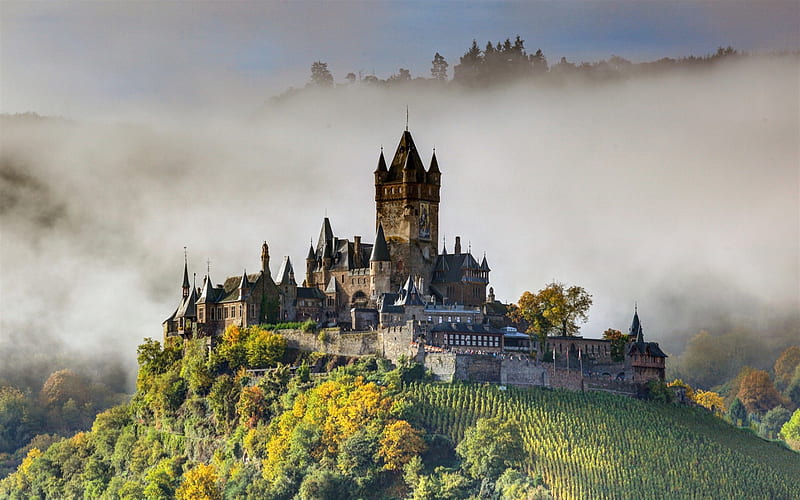 Reichsburg Cochem, imperial castle, morning, fog, sunrise, Cochem, Rhineland-Palatinate, Germany, HD wallpaper