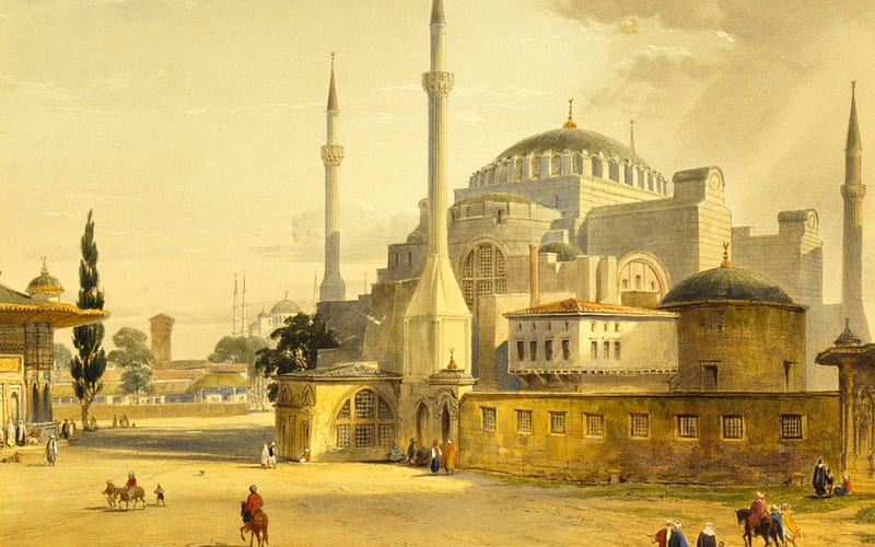 Hagia Sophia, art, yellow, church, Turkey, building, people, painting, pictura, HD wallpaper
