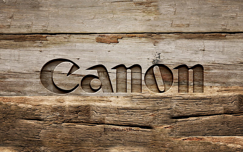 Canon wooden logo, , wooden backgrounds, brands, Canon logo, creative, wood carving, Canon, HD wallpaper