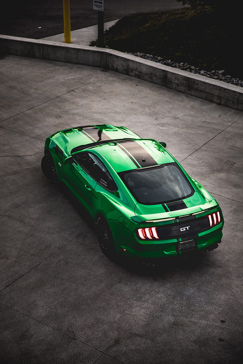 ford mustang gt, ford, car, green, sportscar, aerial view, HD phone wallpaper