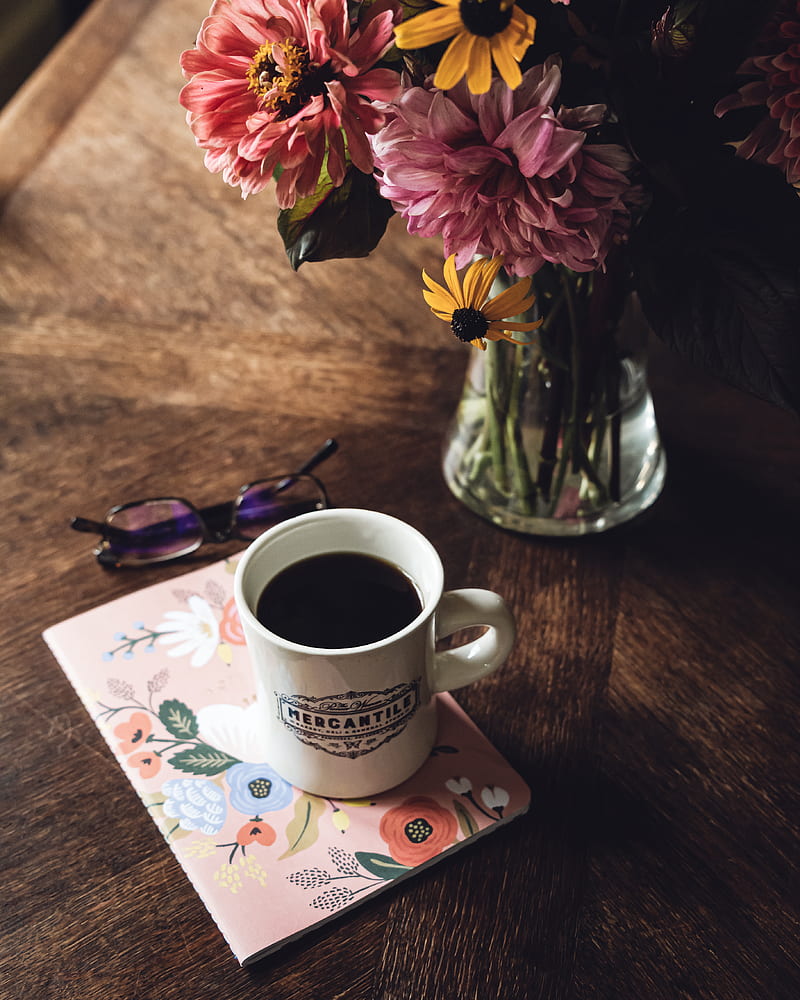 mug, coffee, notebook, glasses, bouquet, HD phone wallpaper