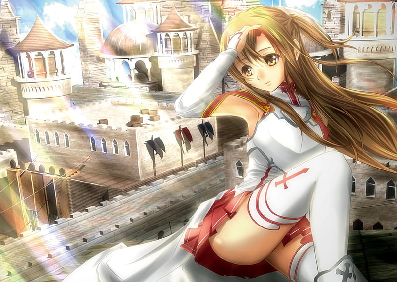 Yuuki Asuna, pretty, stunning, sun, cg, game, thigh highs, clouds, nice, anime, mmorpg, beauty, anime girl, sword, art, yuuki, buildings, skirt, blonde, sky, sexy, cute, cool, digital, awesome, sunshine, asuna, artistic, brown, white clouds, bonito, thighhighs, city, legging, painting, hot, blue, outfit, amazing, sunlight, sword art online, blonde hair, brown eyes, sao, girl, stockings, uniform, drawing, sitting, blue sky, HD wallpaper