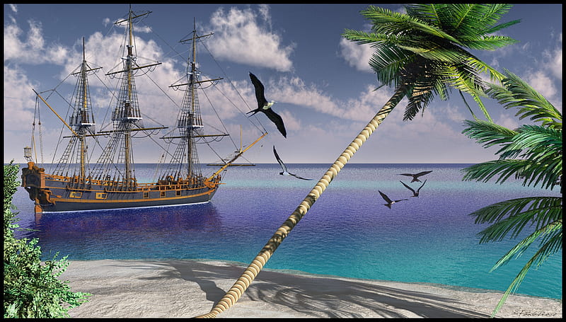 Tortuga Island, pirates, ship, painting, palm, sea, HD wallpaper