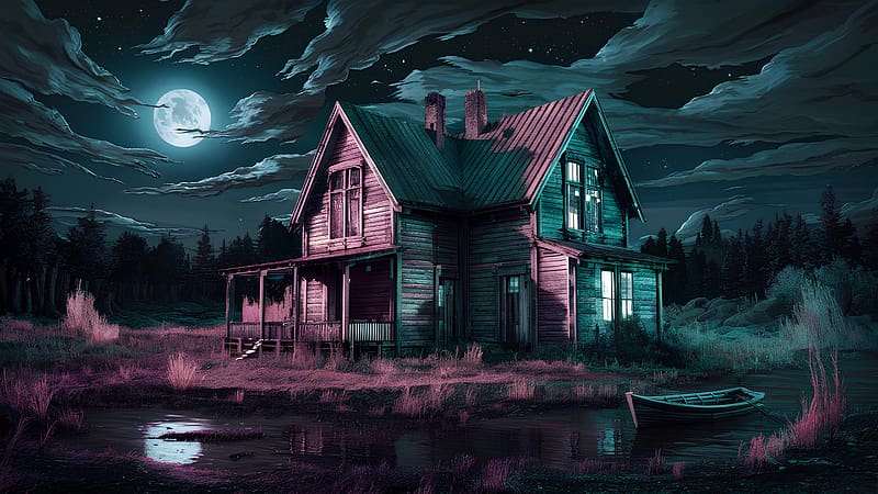 Mysterious old house under moonlit night sky, reflection, spooky, surreal, waterfront, moonlit night, lake, abandoned house, creepy, moon, clouds, nostalgic, digital art, haunting, rowboat, wilderness, darkness, pines, fantasy, nature, vintage, night sky, eerie, desolation, full moon, rural, solitude, calm, wooden structure, serene, nocturnal, shadows, isolation, tranquil, landscape, stars, sky, HD wallpaper