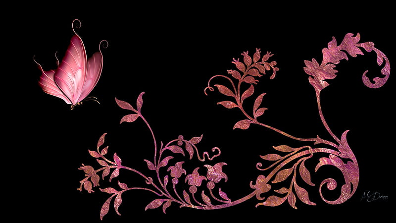 Floral Deco, metallic, flowers, metal, butterfly, pink, HD wallpaper