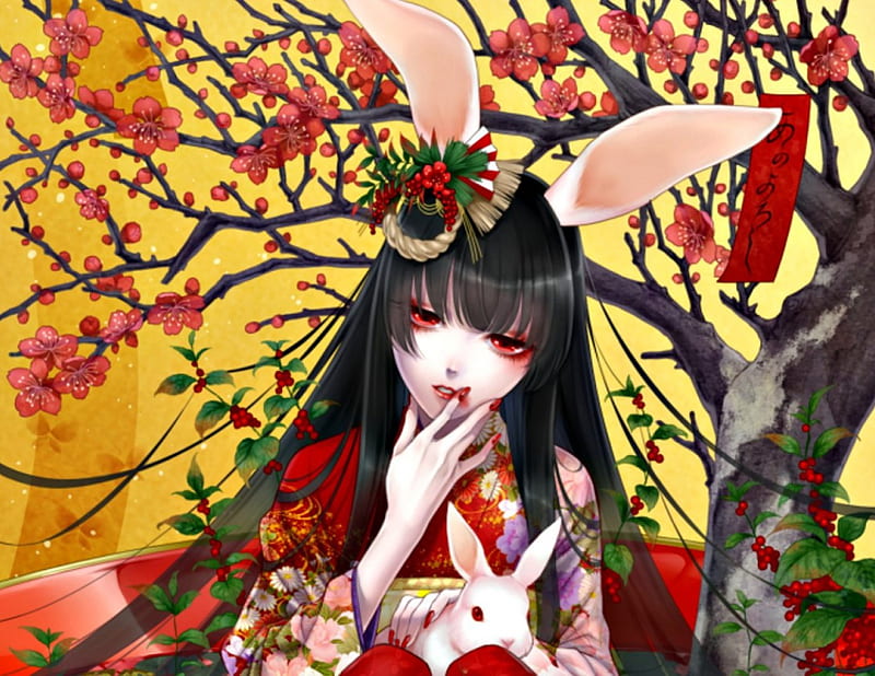 Anime girl, red, rabbit, ears, black, yellow, spring, kimono, animal, cute, tree, girl, anime, flower, pink, HD wallpaper