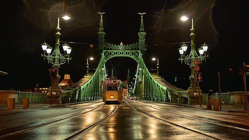 tram on an old steel bridge, tram, bridge, steel, tracks, lights, night, HD wallpaper