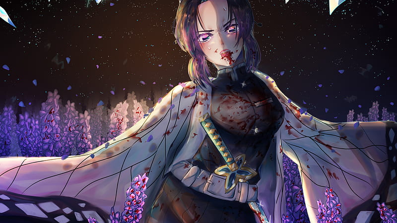 Demon Slayer Shinobu Kochou Standing Around Purple Flowers With Background Of Dark Sky And Stars During Night Time Anime, HD wallpaper