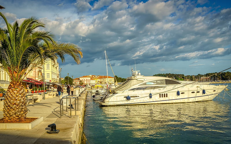 Harbor in Croatia, harbor, promenade, marina, yacht, Croatia, palm, clouds, HD wallpaper