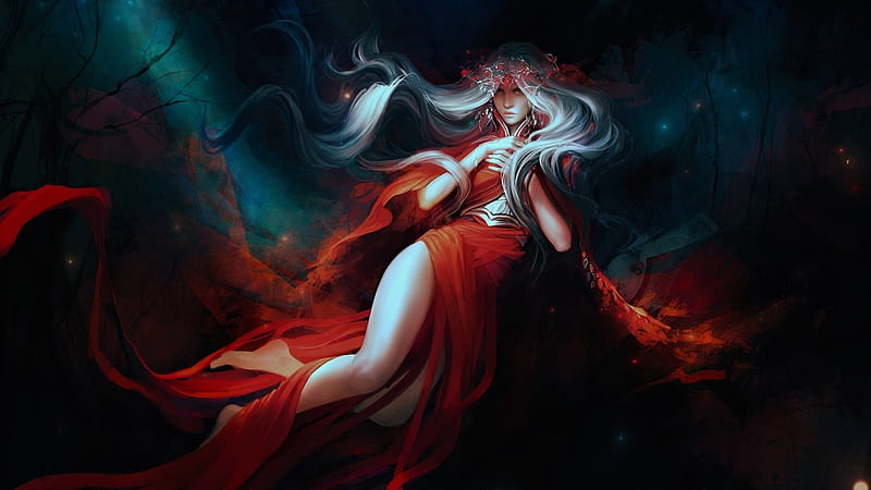 Fantasy girl, red, art, fantasy, luminos, girl, exellero, dark, black, HD wallpaper