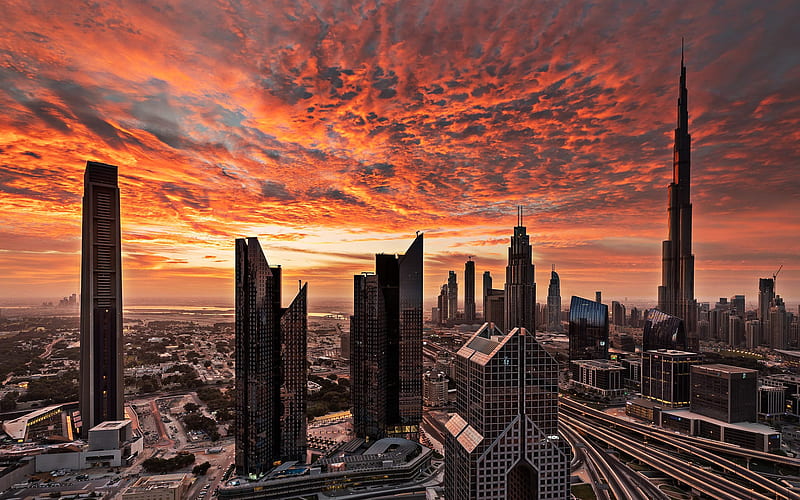 UAE, Dubai, sunset, cityscapes, skyscrapers, United Arab Emirates, HD wallpaper