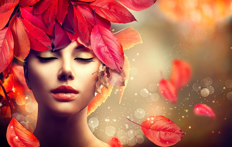 Autumn beauty, red, autumn, woman, anna subbotina, leaf, moddel, girl, beauty, face, HD wallpaper