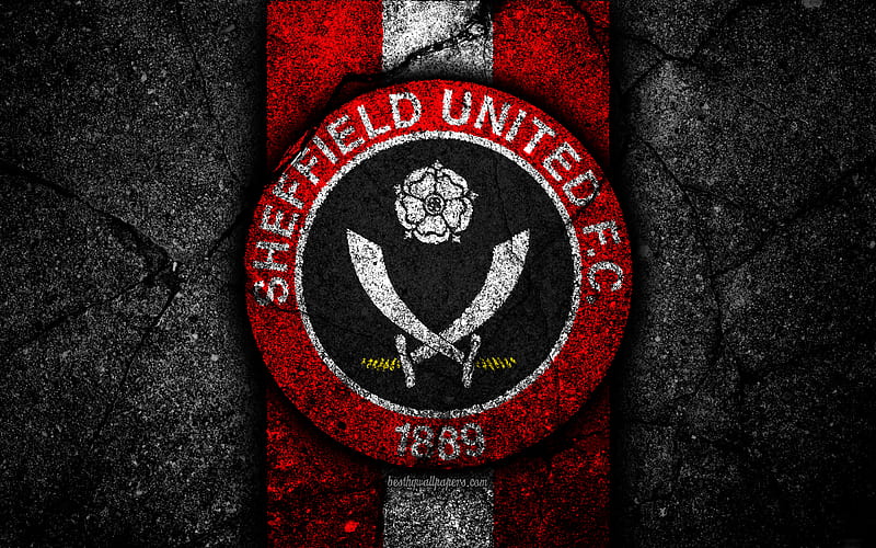 Sheffield United FC, logo, EFL Championship, black stone, football club, England, Sheffield United, soccer, emblem, asphalt texture, FC Sheffield United, HD wallpaper