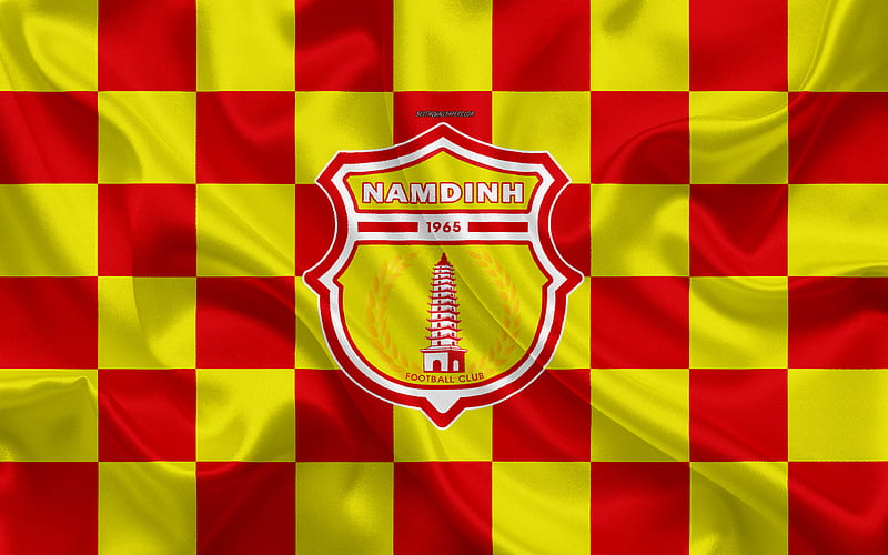 Nam Dinh FC logo, creative art, red yellow checkered flag, Vietnamese football club, V League 1, emblem, silk texture, Namdin, Vietnam, HD wallpaper