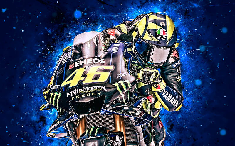 Valentino Rossi close-up, MotoGP, 2019 bikes, raceway, Yamaha YZR-M1, Valentino Rossi on track, neon lights, racing bikes, Monster Energy Yamaha MotoGP, night, Yamaha, HD wallpaper