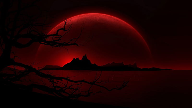 Blood red moon, red, moon, abstract, cg, HD wallpaper
