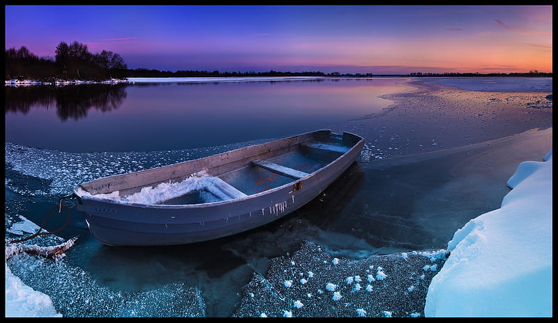 Evening on the Lake, boat, lovely, snow, ice, bonito, evening, sunset, lake, HD wallpaper