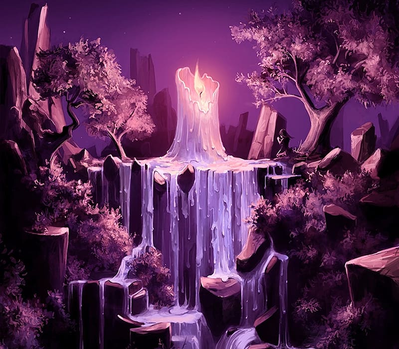 The Hope, purple, pink, candle, fantasy, art, aquasixio, waterfall, water, HD wallpaper