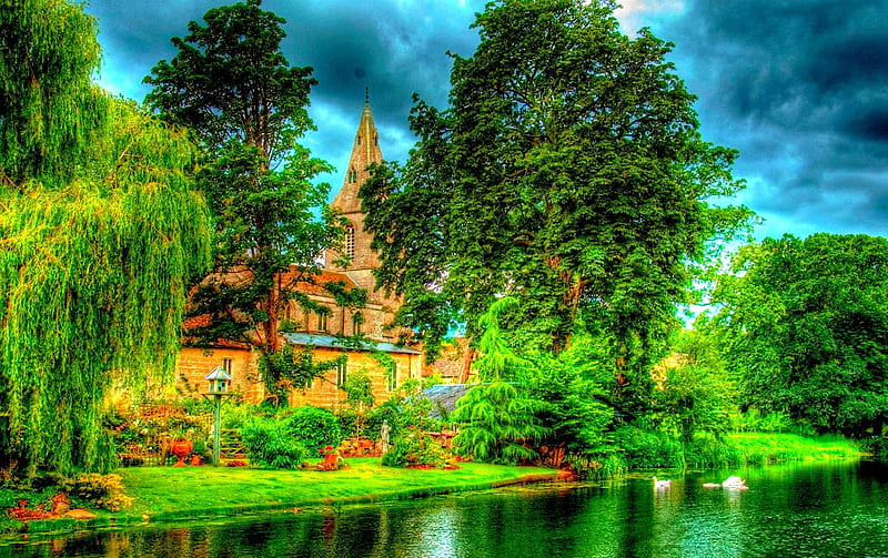 PLEASANT VIEW, pond, garden, r, trees, castle, lake, swans, landscape, HD  wallpaper | Peakpx